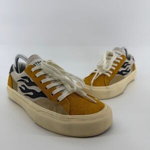 Straye Logan Skate Shoes Mens Size 8 Yellow Flame Graphic Suede Canvas Low Top